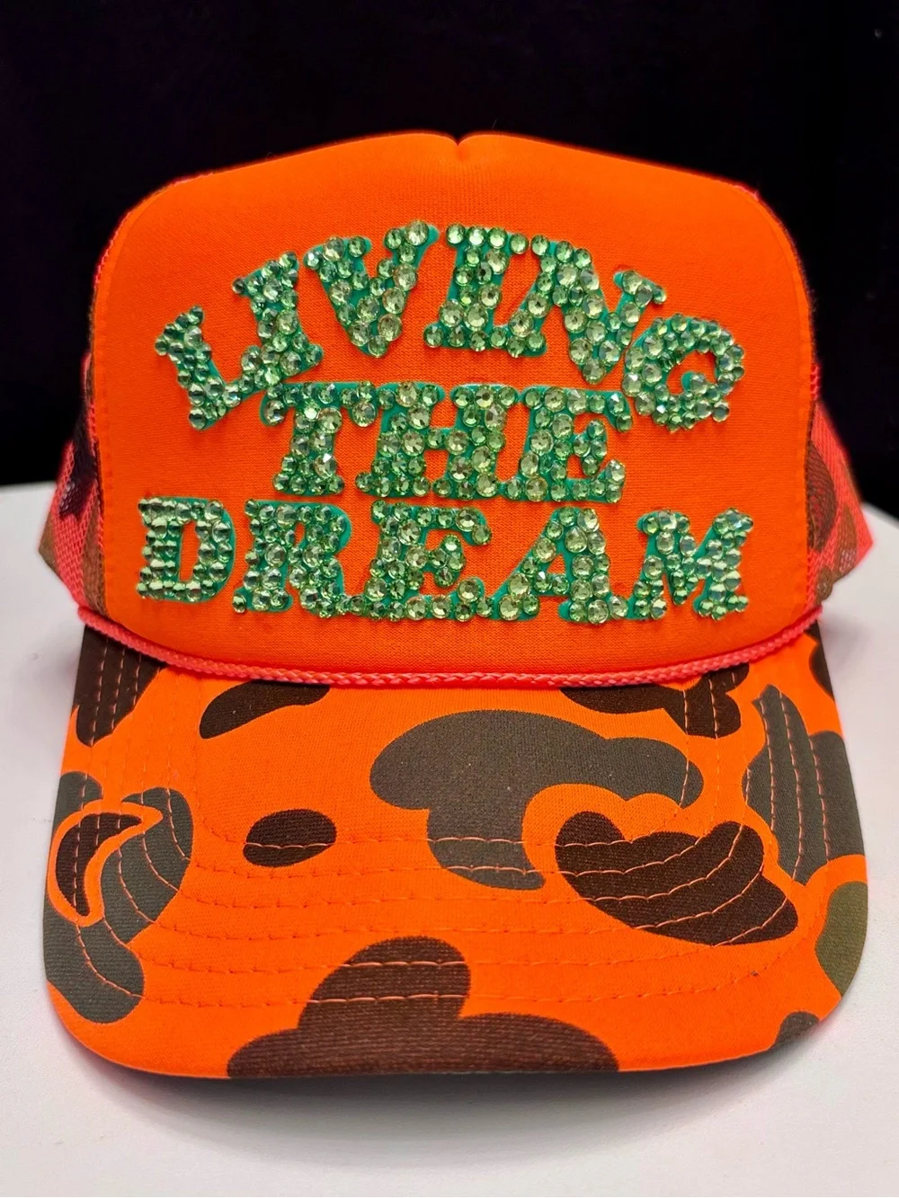 Neon Orange Rhinestone 'Living the Dream' Trucker Hat